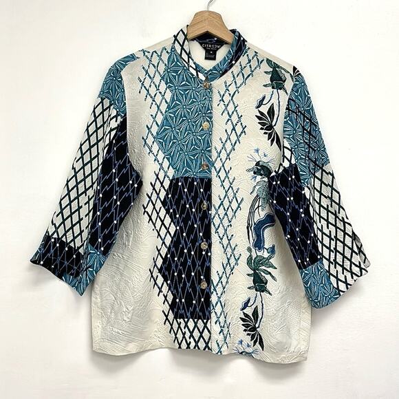 Citron Santa Monica Koi Colorblock Print Artsy Silk Blouse Mandarin Collar - Med - Picture 1 of 13